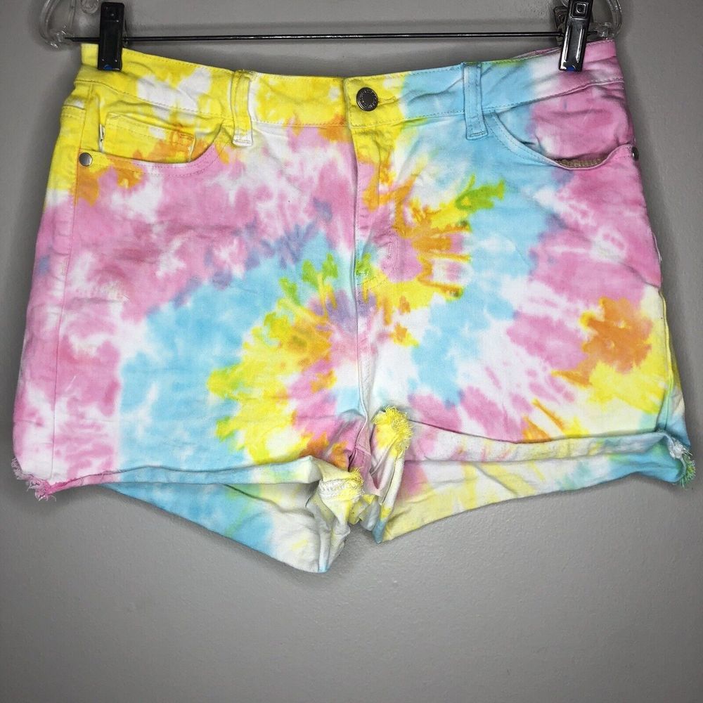 Judy Blue Women's Large Colorful Tie Dye Stretch High Waist Cut Off Denim Shorts